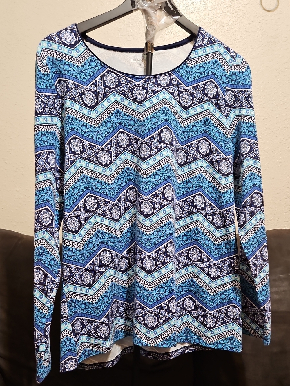 Kim Rogers Blue Multi Chevron Medallion Long Sleeve Top